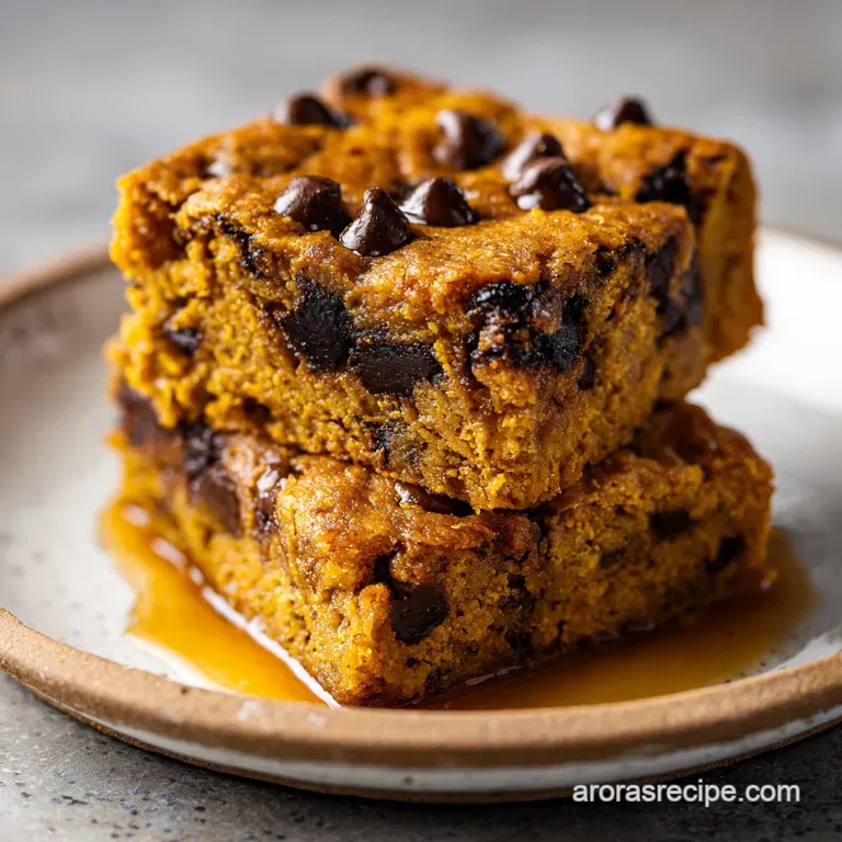 Stacked pumpkin chocolate chip bars dusted with powdered sugar. Soft, golden interior contrasts with melted dark chocolate.