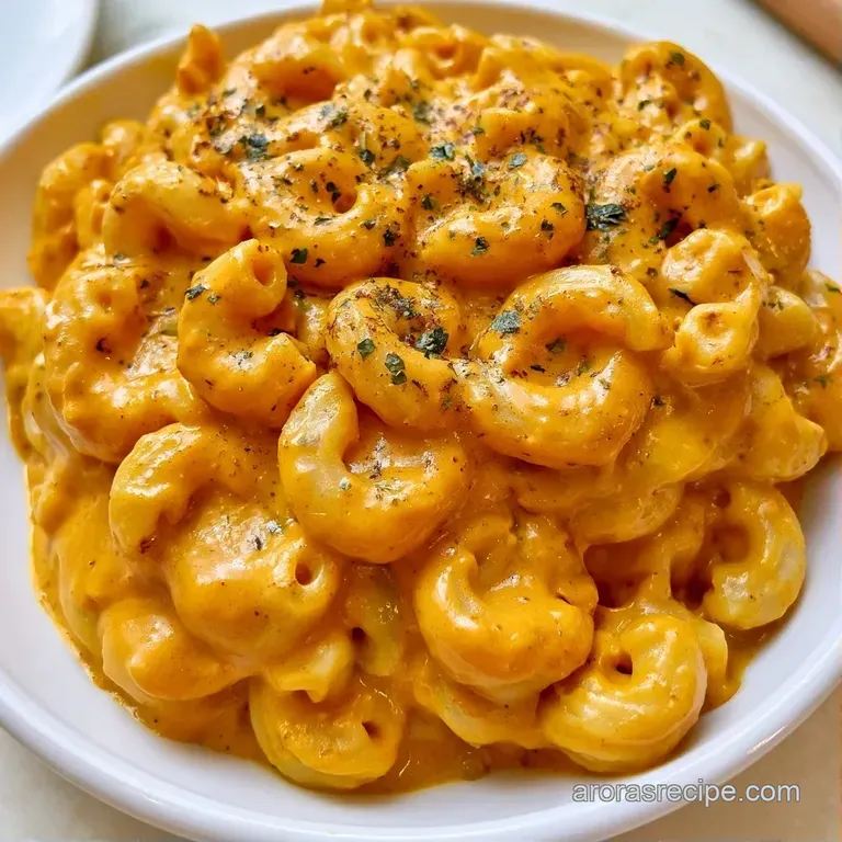 A white ceramic bowl of vibrant orange macaroni and cheese topped with fresh chopped parsley and cracked pepper.