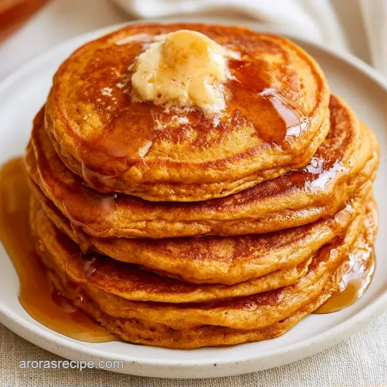 Golden-orange pancakes stacked high on a white ceramic plate, garnished with a dusting of cinnamon and berries.
