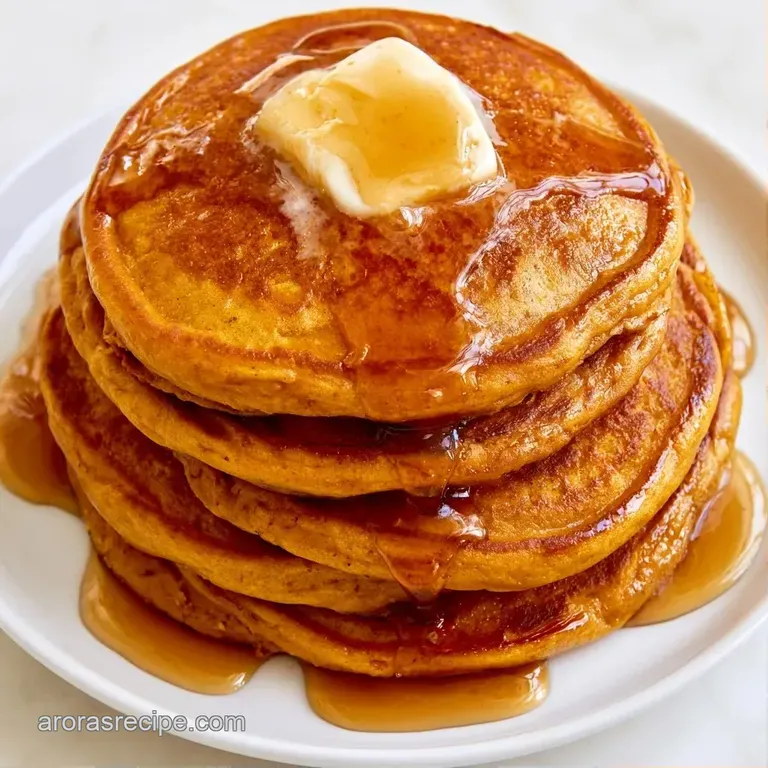 Three golden-orange pancakes on a white ceramic plate, garnished with a sprig of mint and a dusting of snow-white sugar.