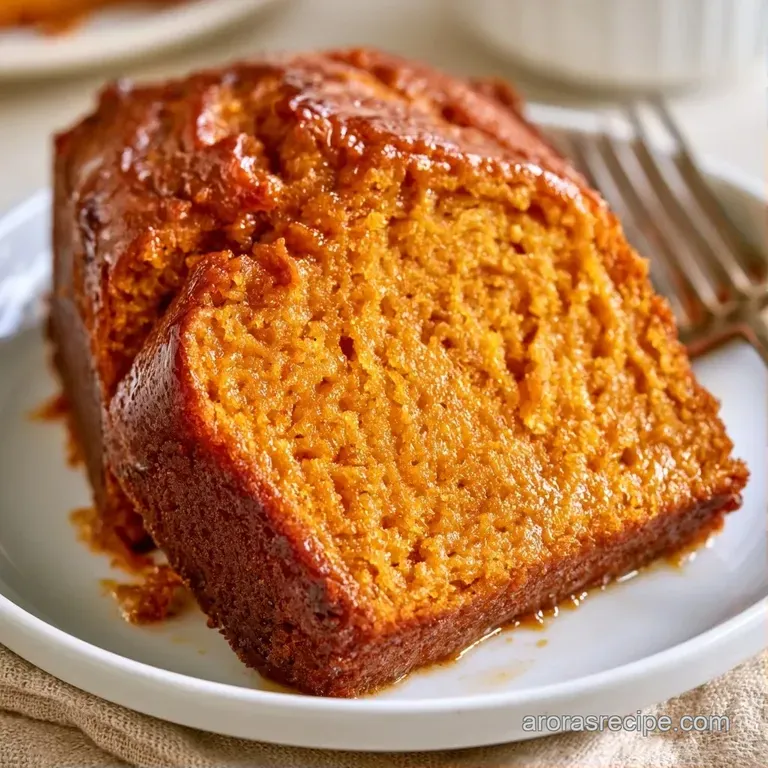 A thick slice of moist orange cake on a white porcelain plate, finished with a dollop of cream and cinnamon dust.