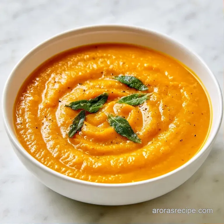 Smooth, vibrant orange soup in a matte ceramic bowl with a spiral of cream and fresh green sage accents.