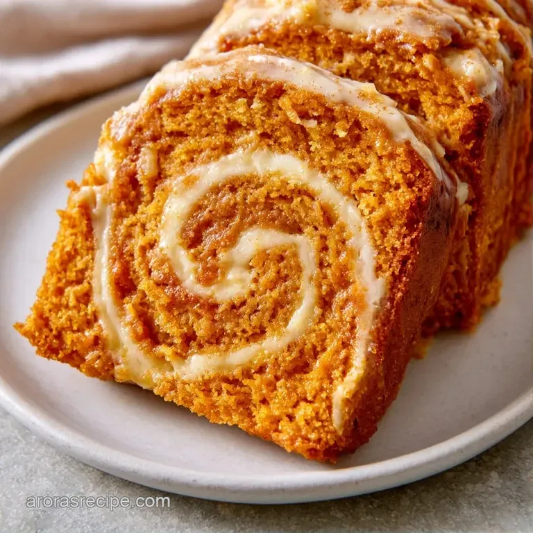 A neat slice of marbled orange and cream cake on a white ceramic plate, paired with a dollop of whipped cream.