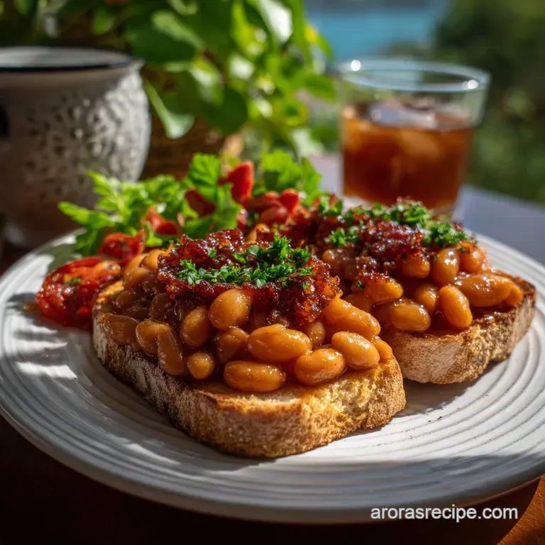 Glossy, ruby-red baked beans piled atop toasted sourdough, garnished with fresh parsley. A comforting, warm breakfast scene.
