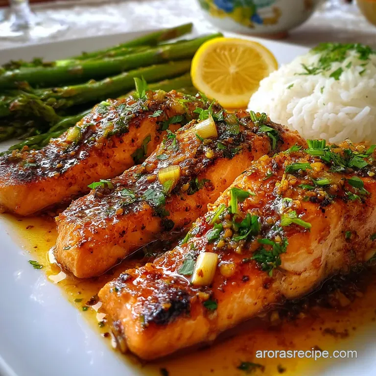 Honey-glazed salmon fillet served on a white plate, atop vibrant greens, showing the crispy edges and moist interior of th...