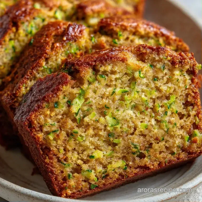 Thick slices of golden cake stacked on a white plate, showing a moist crumb and vibrant green zucchini shreds.