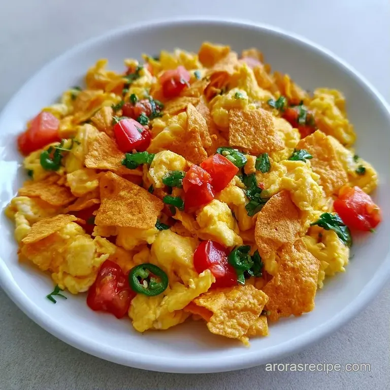 Colorful scramble of eggs and toasted corn tortillas on a white plate, garnished with avocado and red salsa.