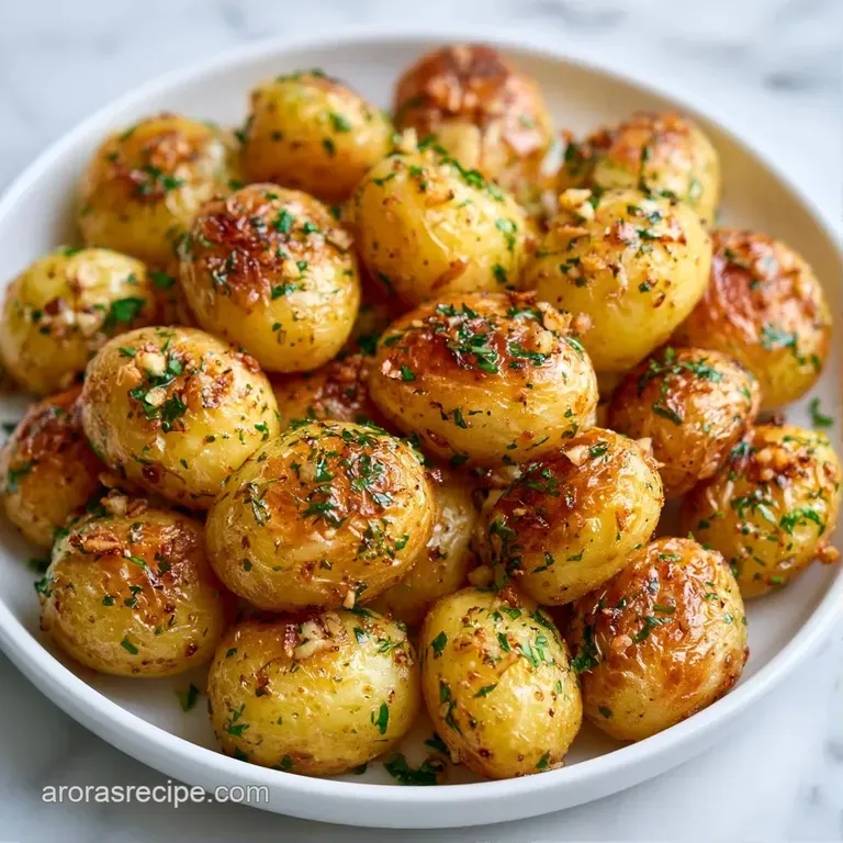 A neat pile of golden roasted potato cubes on a white ceramic plate, garnished with a sprig of fresh rosemary.
