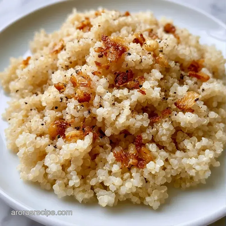 A minimalist bowl of pearly grains topped with saut&eacute;ed garlic and a sprinkle of fresh parsley on a linen napkin.