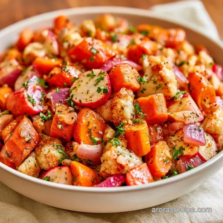 Translucent pink radishes and orange carrots neatly arranged on a white ceramic plate with a fresh herb garnish.