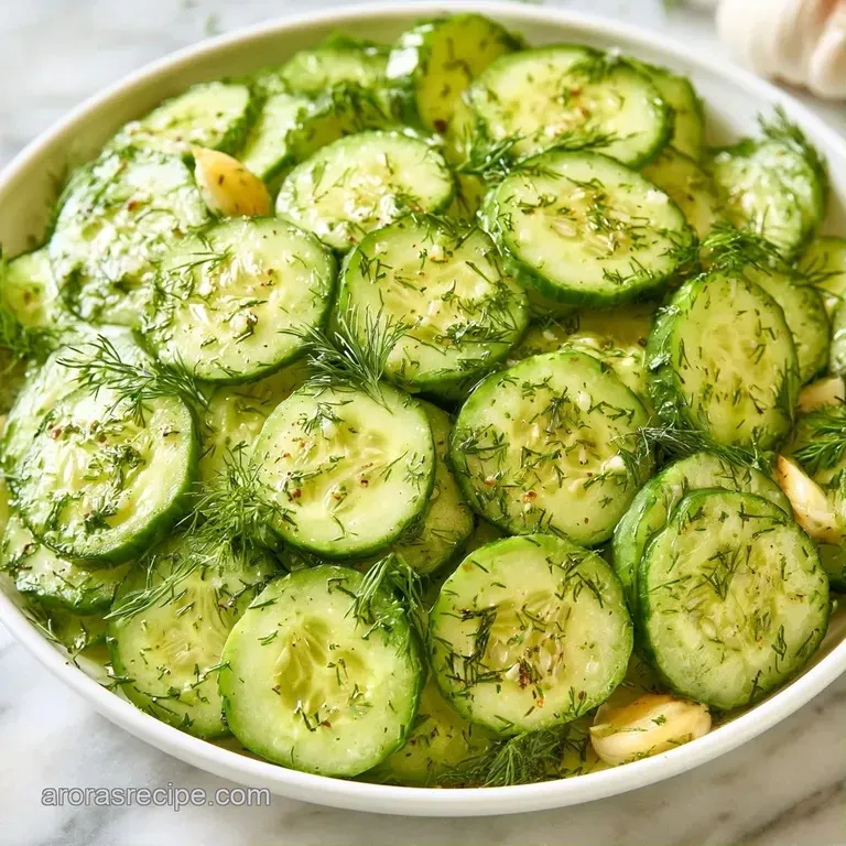 Thin, translucent cucumber slices piled in a small glass bowl beside a sprig of fresh dill and peppercorns.