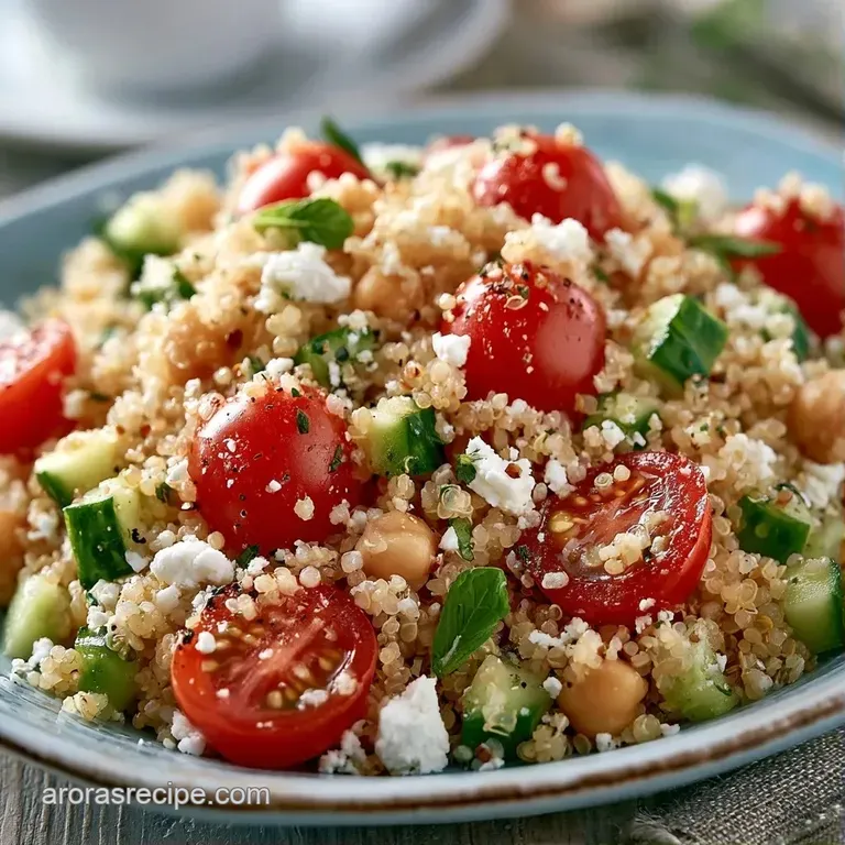 A colorful medley of quinoa and chickpeas in a white ceramic bowl, garnished with a sprig of fresh mint leaves.