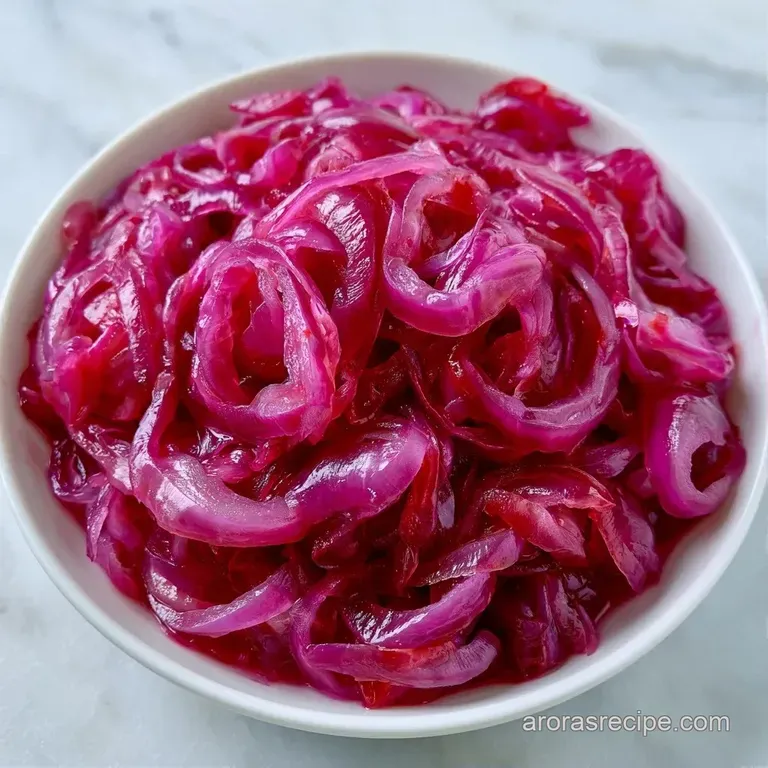 Thinly sliced magenta onion rings piled high in a small white ceramic bowl beside a sprig of fresh green parsley.