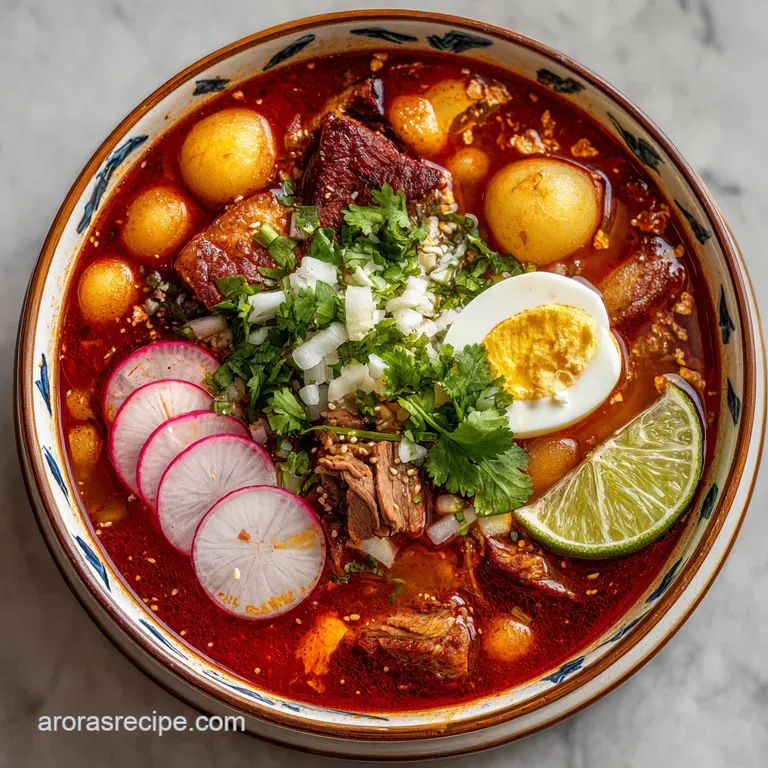 Deep red pozole served in a white bowl, topped with crisp shredded cabbage, sliced radishes, and a squeeze of lime.