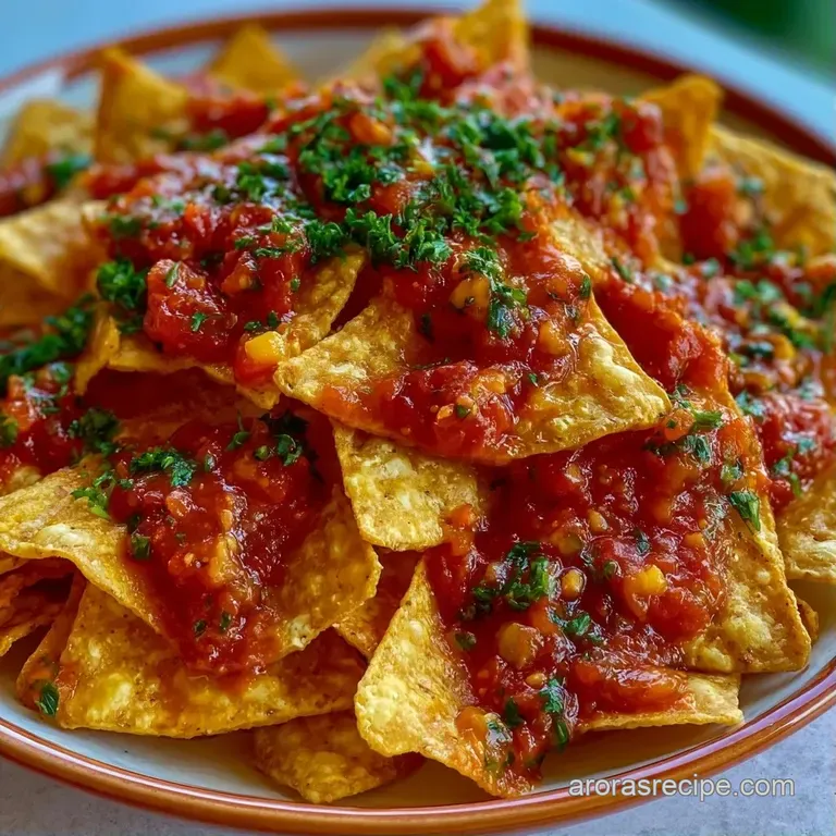 A white platter of red-sauced chips garnished with a glossy fried egg, white onion rings, and fresh green cilantro.