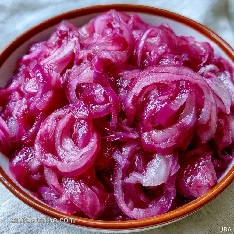 Thinly sliced magenta onions piled high in a small white ceramic bowl resting on a bright marble countertop.