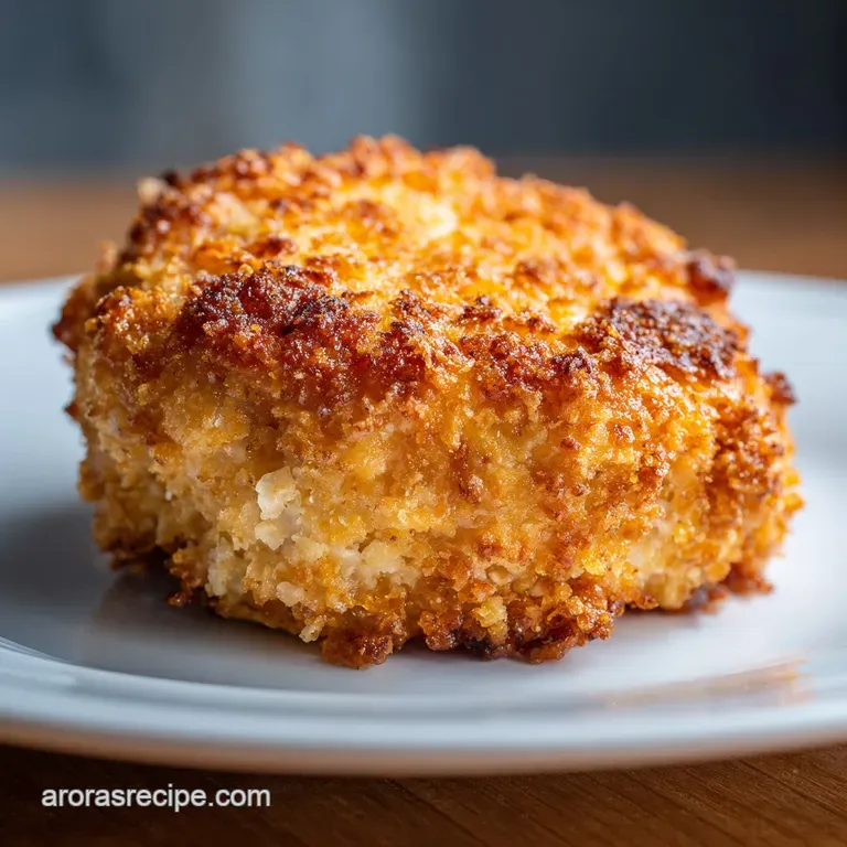 Crispy-coated chicken breast sliced atop mashed potatoes with a drizzle of gravy, showing the juicy interior and inviting ...