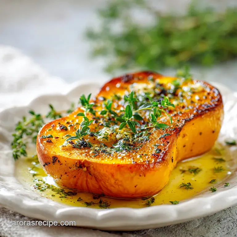 Glistening roasted butternut squash plated artfully with vibrant herbs. Browned garlic cloves nestled within, a tempting a...