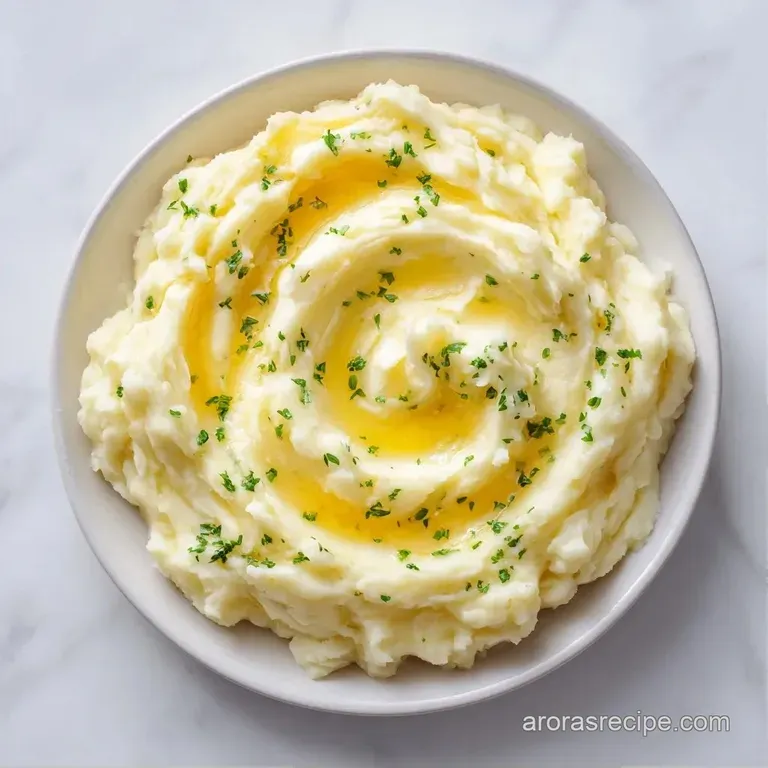 A smooth swirl of whipped potatoes on a white plate, finished with a drizzle of butter and a sprig of fresh parsley.