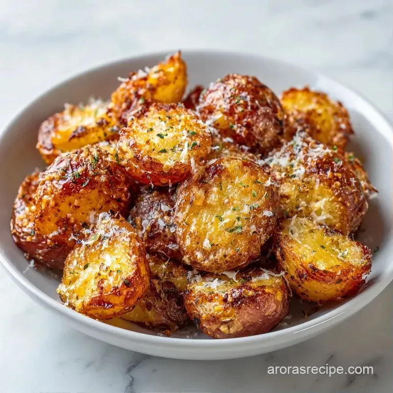 Cubed golden potatoes piled high on a white ceramic platter, garnished with herb sprigs and melted cheese.