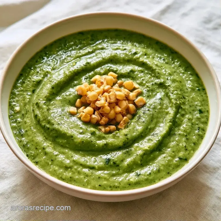 Elegant white bowl of smooth green soup adorned with toasted pumpkin seeds and a swirl of cool white crema.