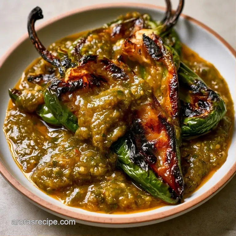 Earthy green stew served in a rustic ceramic bowl with a dollop of sour cream and lime wedges on a wooden table.