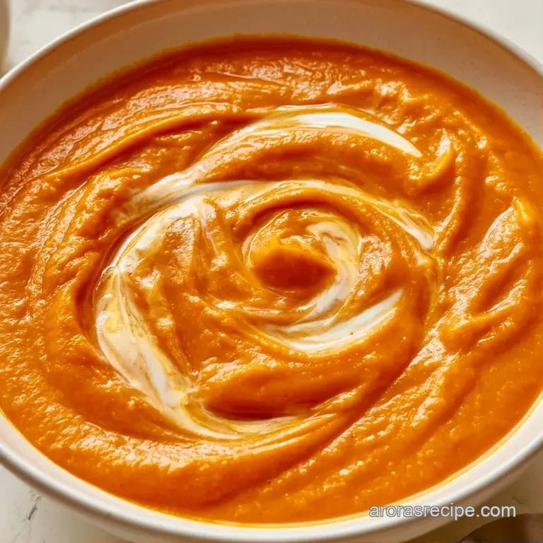 A white porcelain bowl filled with vibrant orange puree, garnished with a drizzle of oil and a crisp sage leaf.