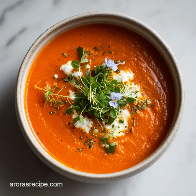 A single serving of rich tomato bisque in a white bowl, artfully drizzled with cream and a basil sprig.