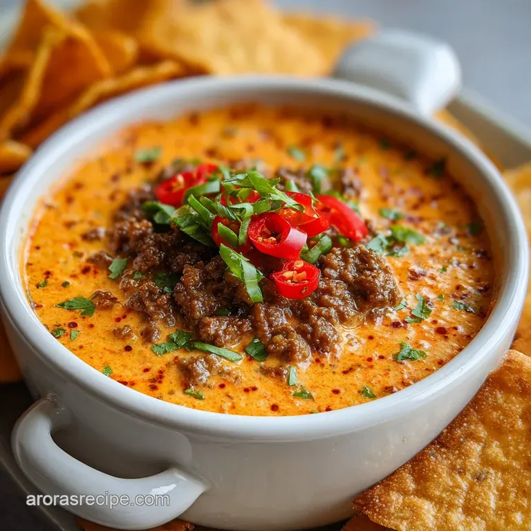Creamy, cheesy Rotel dip with seasoned ground beef, garnished with bright green cilantro, served in a rustic stoneware bowl.