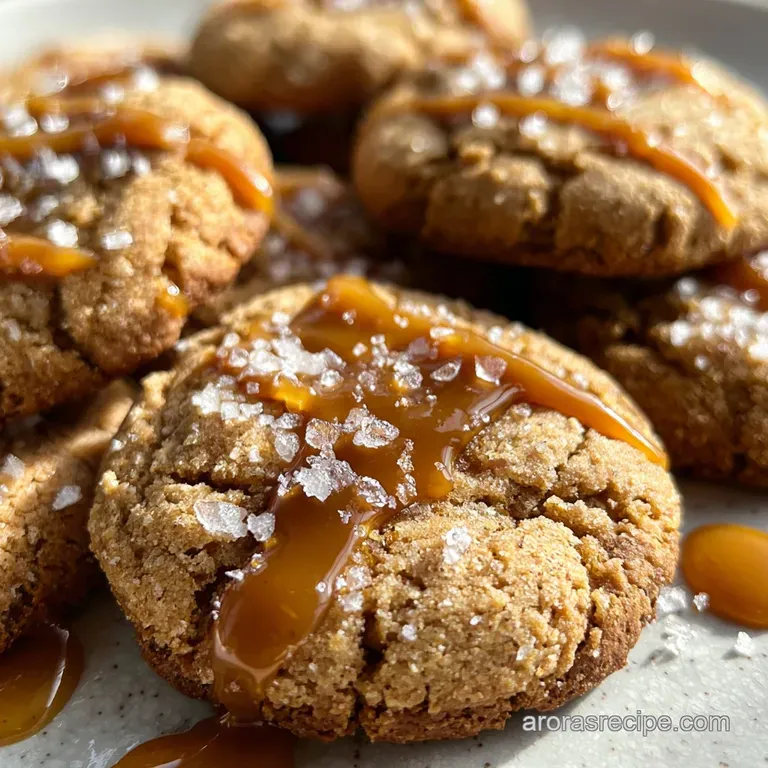 Stack of three soft salted caramel cookies on a white plate, glistening with melted caramel and dusted with flaky sea salt.