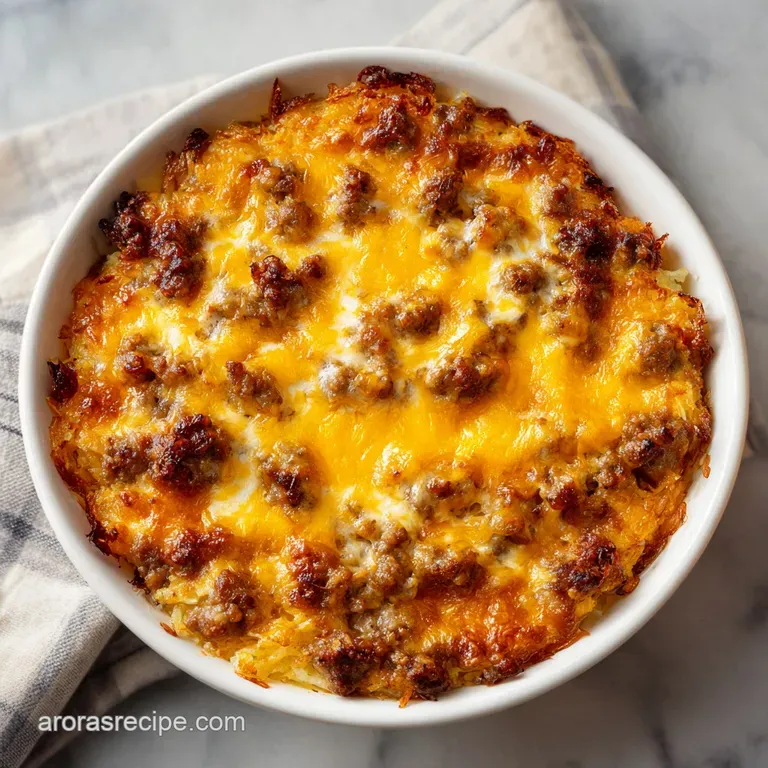 Creamy sausage hash brown casserole in a white dish, topped with fresh parsley, ready to be served.