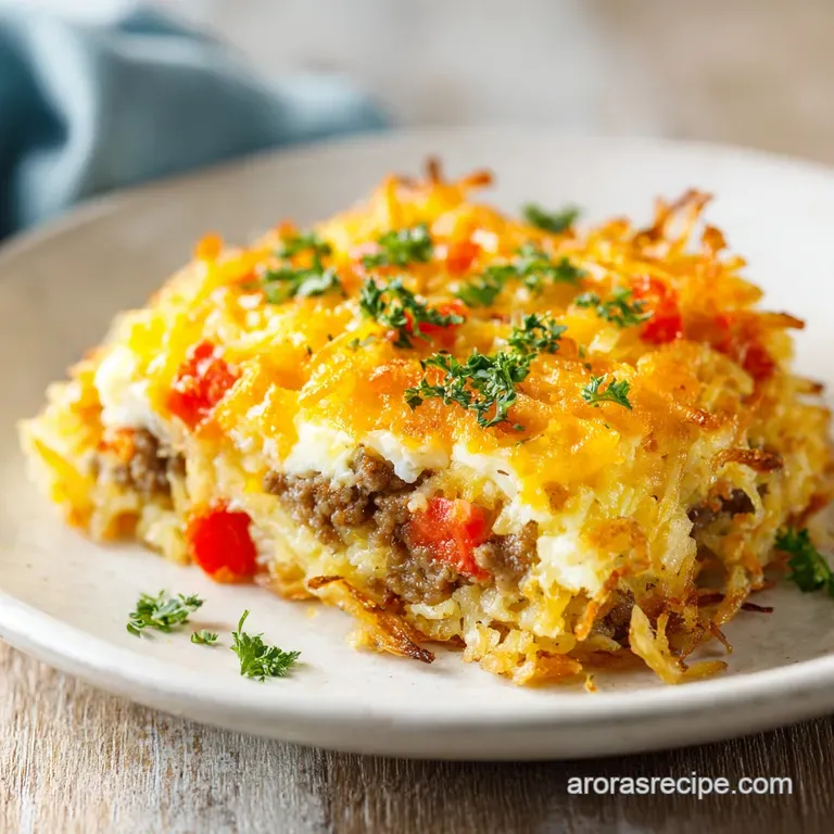 A square of golden casserole showing layers of browned potatoes and sausage, next to fresh fruit on a white plate.