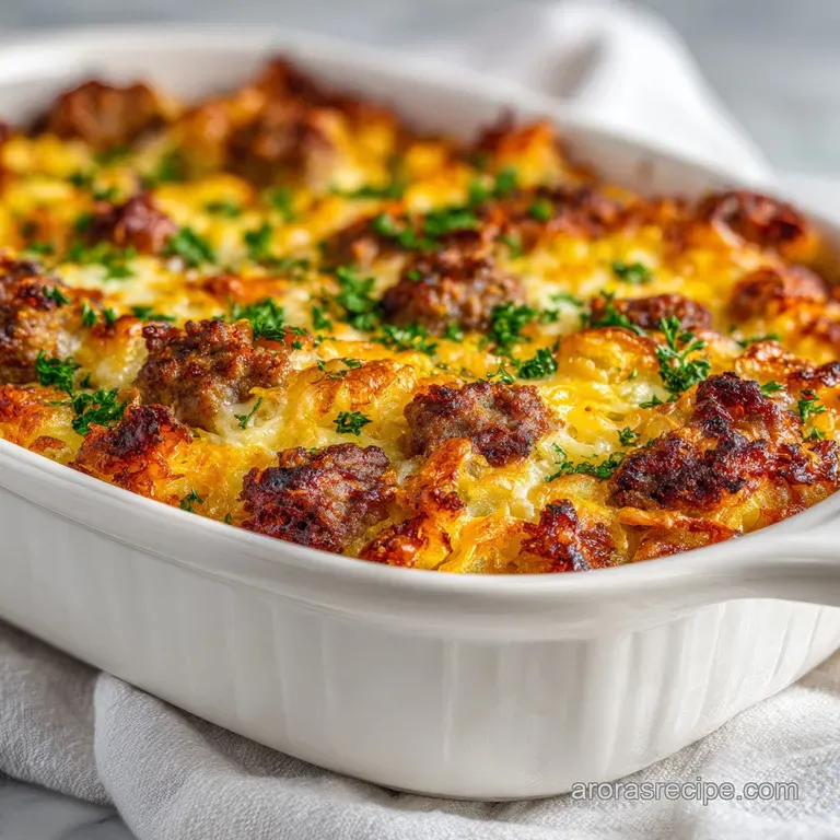 A slice of creamy casserole on a white plate, garnished with fresh herbs. Crispy browned edges create an appetizing contrast.