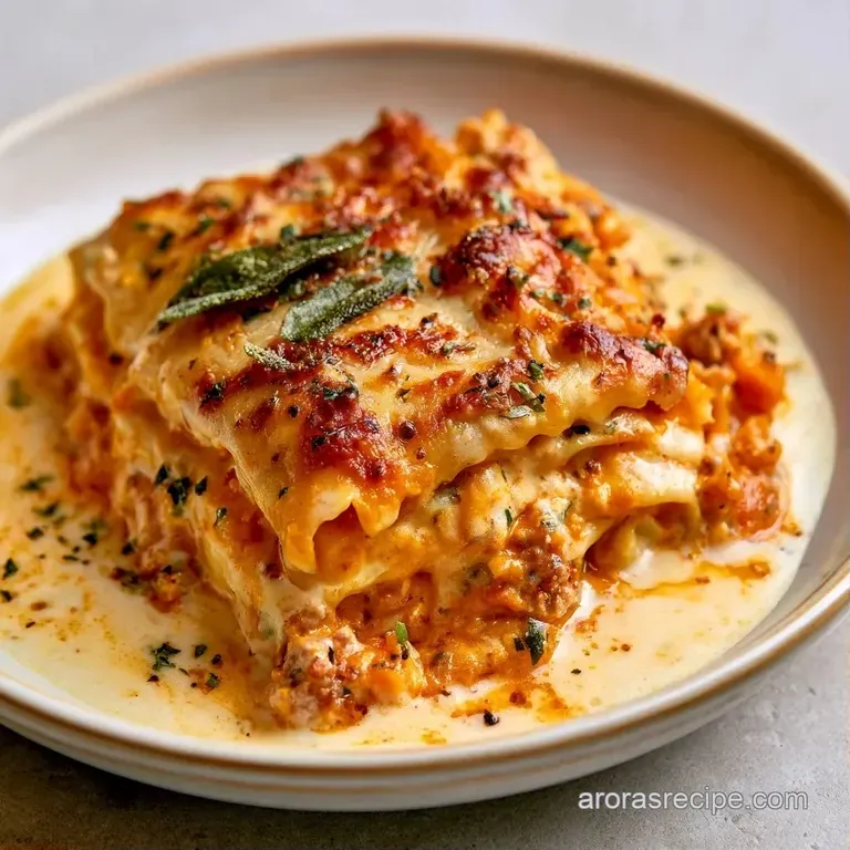 Three pasta rolls on a white plate with swirls of creamy sauce, fresh sage leaves, and a dusting of parmesan.