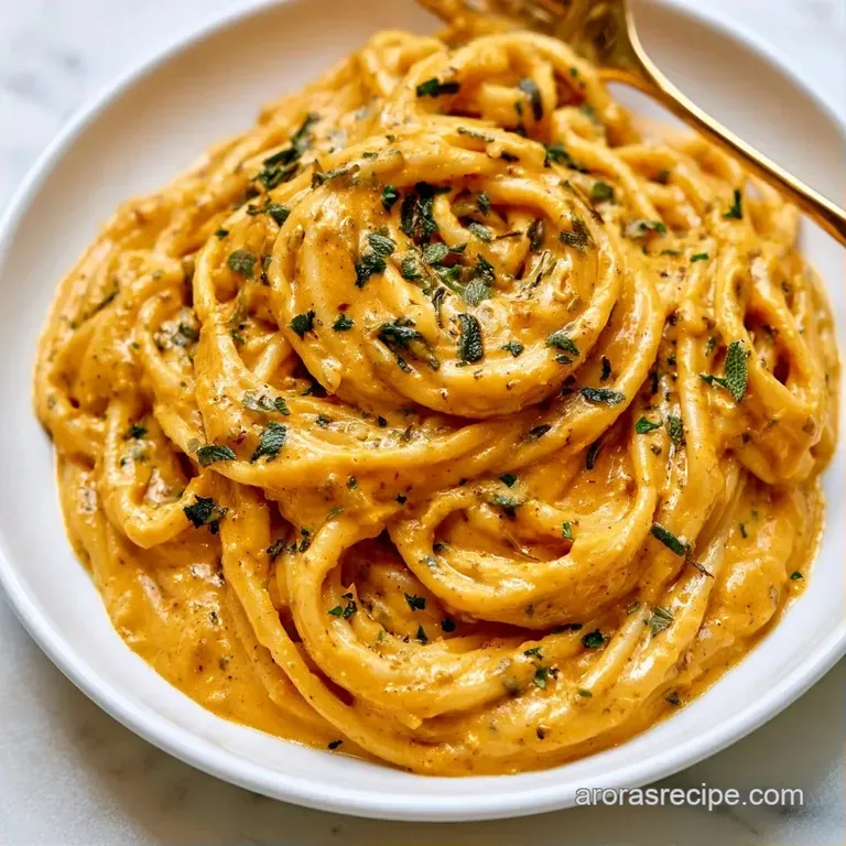 A white ceramic bowl filled with golden-orange pasta, garnished with fried sage and a dusting of white cheese.