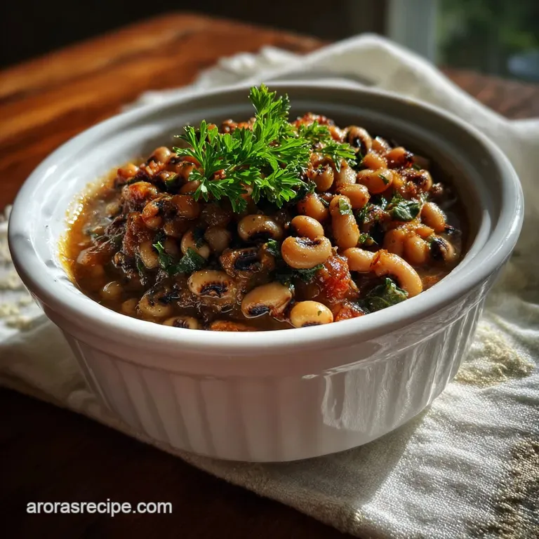 Creamy black-eyed peas served in a shallow white bowl, vibrant green parsley garnish. The velvety pot liquor glistens invi...