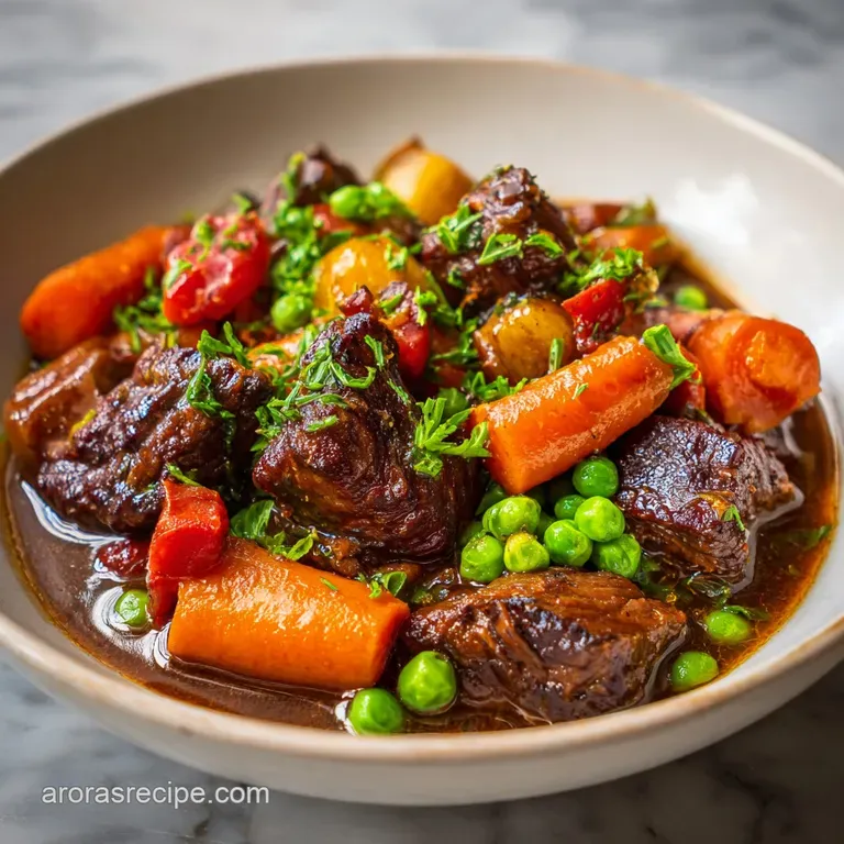 A steaming portion of savory beef stew in a white bowl, garnished with fresh parsley, hinting at a comforting, warm meal.