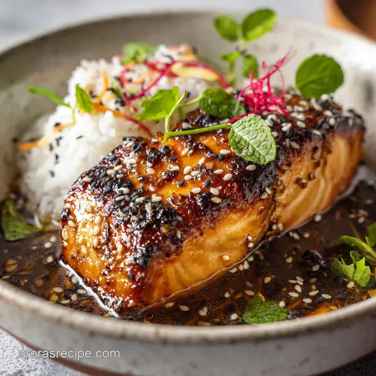Perfectly plated salmon fillet with a shimmering glaze, served over rice and garnished with scallions on a white plate.