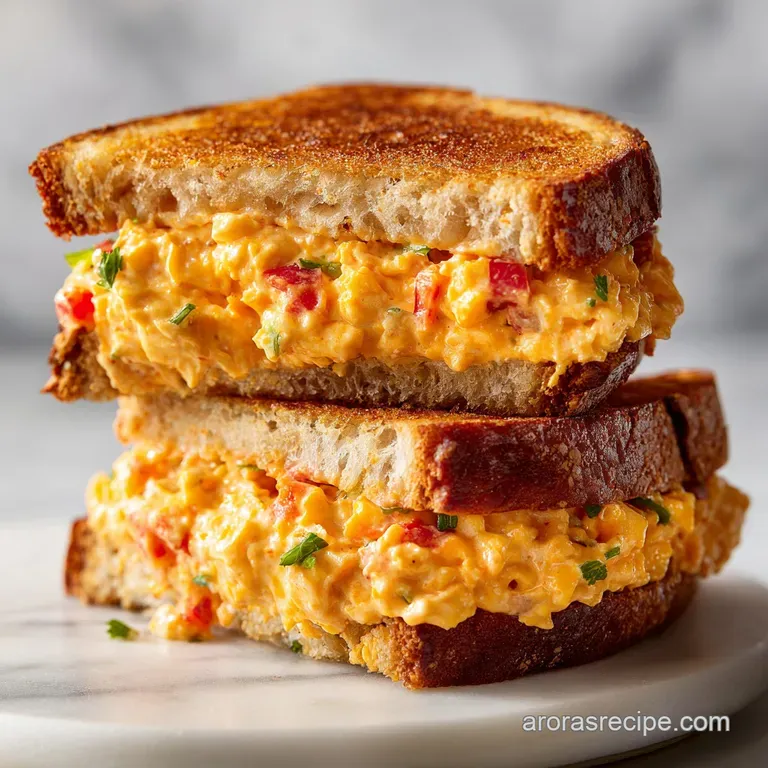 Pimento cheese spread generously on crusty toasted bread, garnished with fresh parsley. A rustic and inviting appetizer.