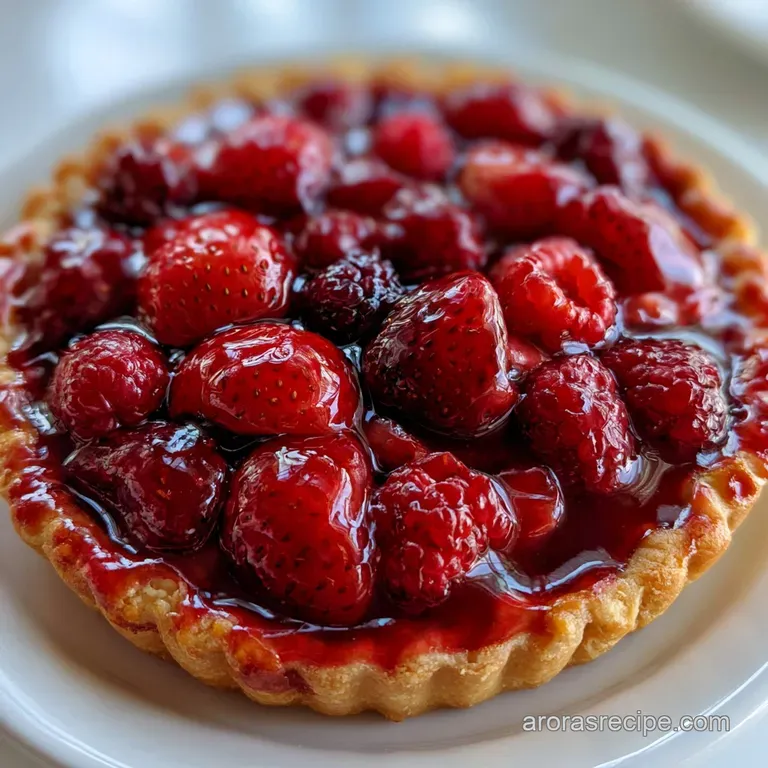 Elegant slice of strawberry pie on a white plate, garnished with a swirl of whipped cream and a fresh mint leaf.