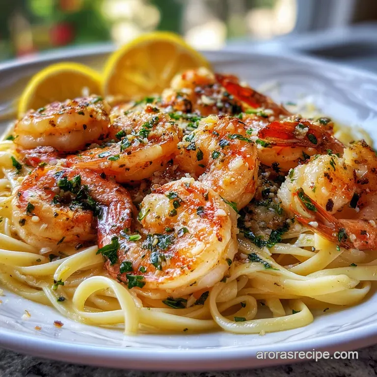 Elegant plate of shrimp scampi: succulent shrimp and glistening pasta tossed in a rich, light sauce, garnished with fresh ...