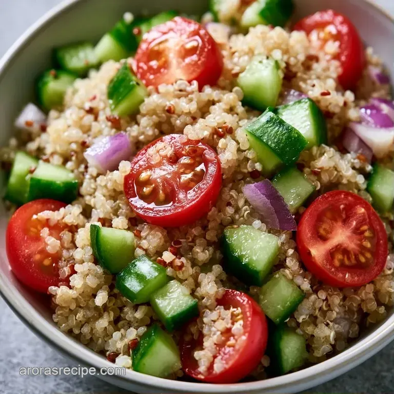 Elegant plate of fluffy quinoa topped with crisp cucumber slices, red cherry tomatoes, and crumbled feta cheese.
