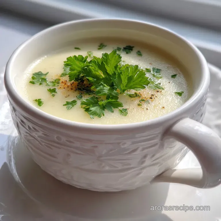 Elegant bowl of smooth potato soup, swirled with cream and sprinkled with chives. Garnished with crispy bacon bits.