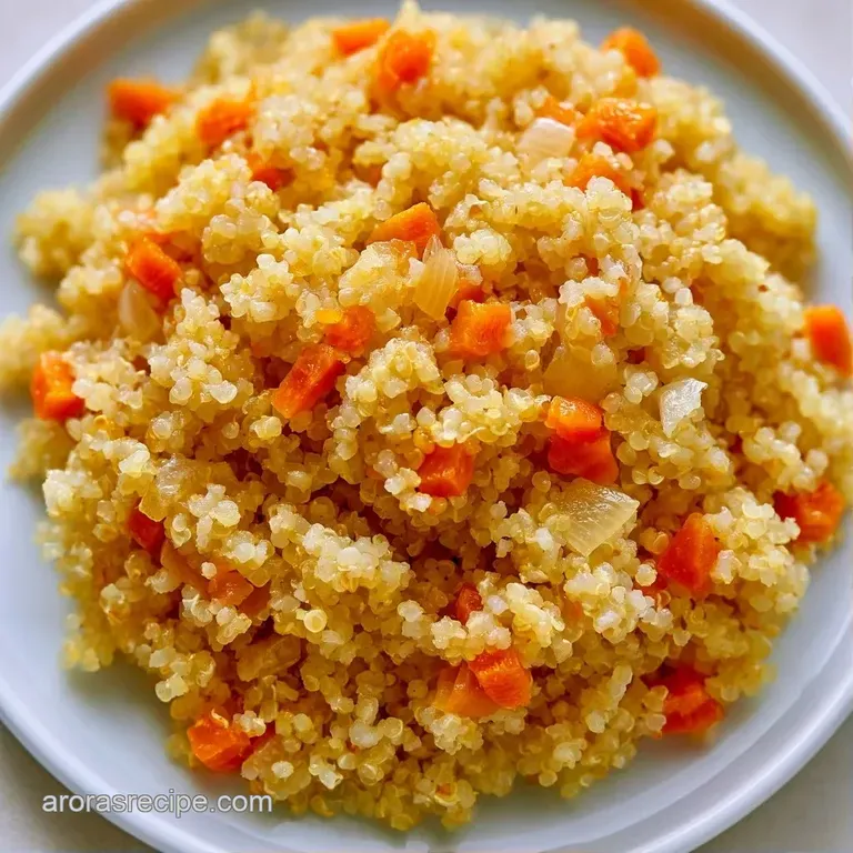 Elegant scoop of seasoned quinoa grains garnished with microgreens and a drizzle of gold olive oil on white porcelain.