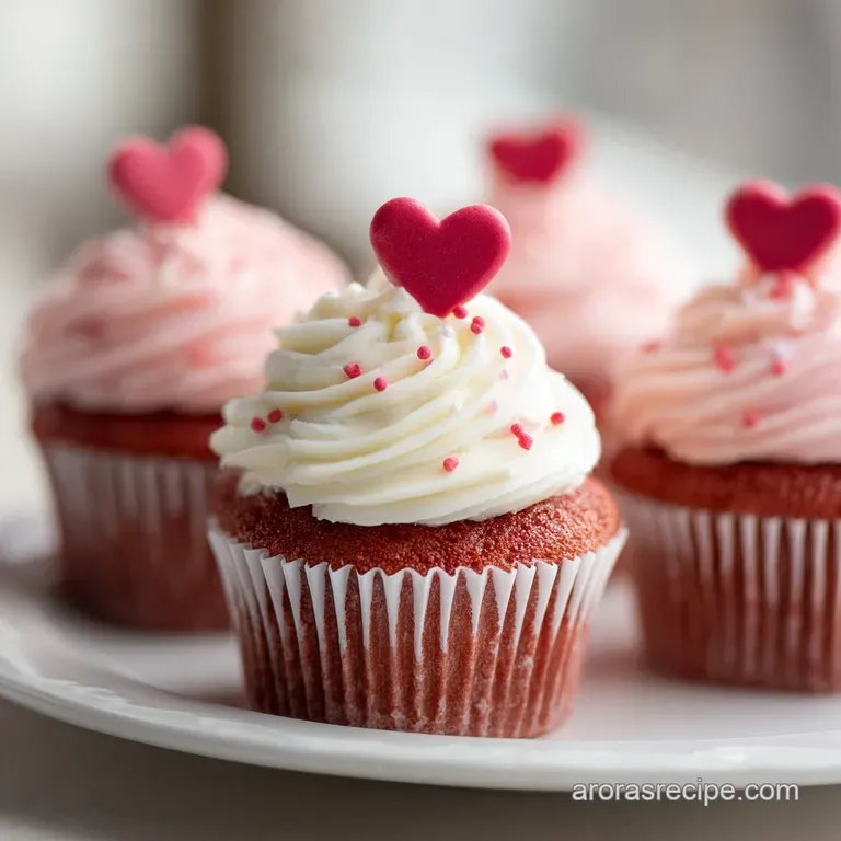 A single vanilla cupcake with light pink frosting, adorned with red heart sprinkles and presented on a white plate.