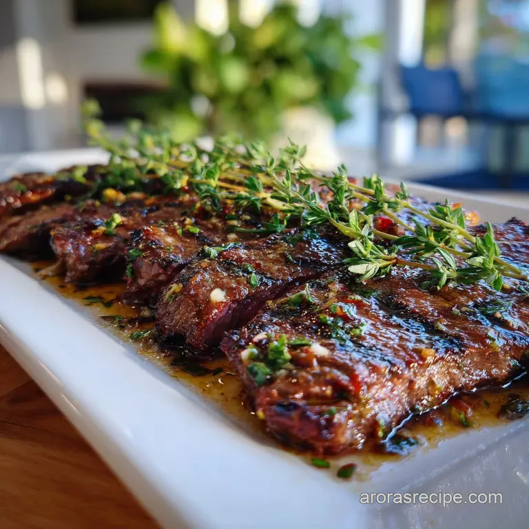 Grilled skirt steak fanned on a white plate, vibrant chimichurri sauce drizzled over the savory, browned meat.