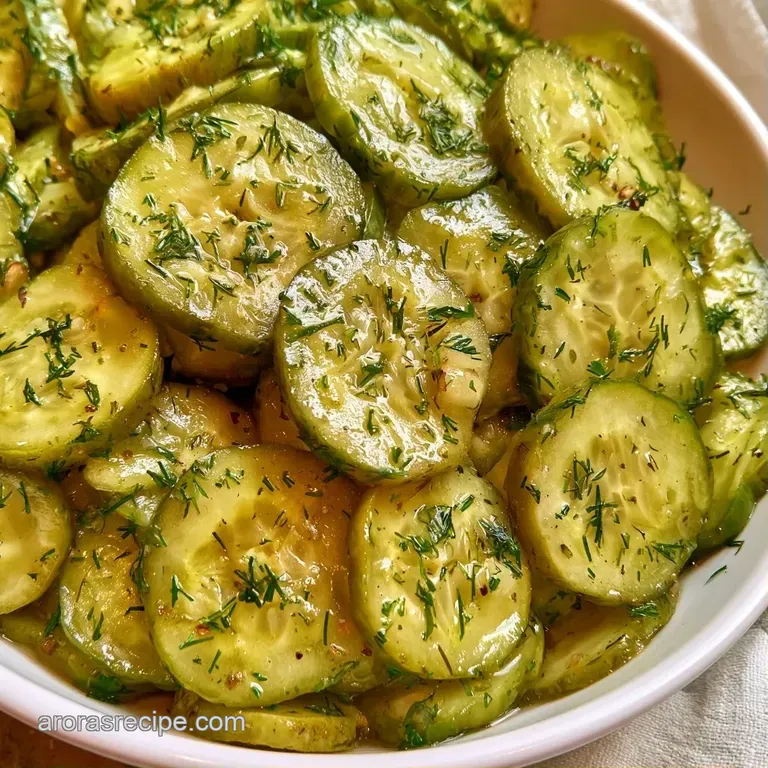 Neatly arranged circles of crisp green pickles on a white plate, garnished with a small sprig of fresh dill.