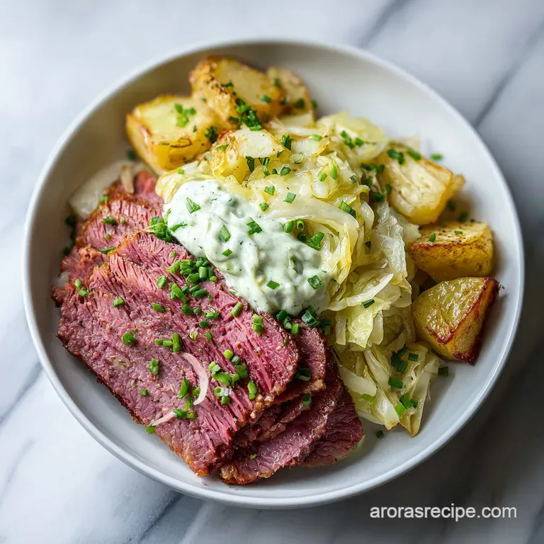 A beautifully plated slice of corned beef, glistening with savory juices, alongside bright green cabbage