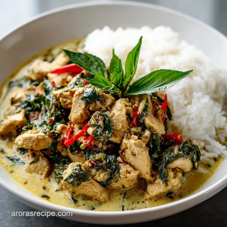 Plated basil chicken in coconut curry: glistening sauce coats juicy chicken, garnished with fresh basil sprigs and a swirl...