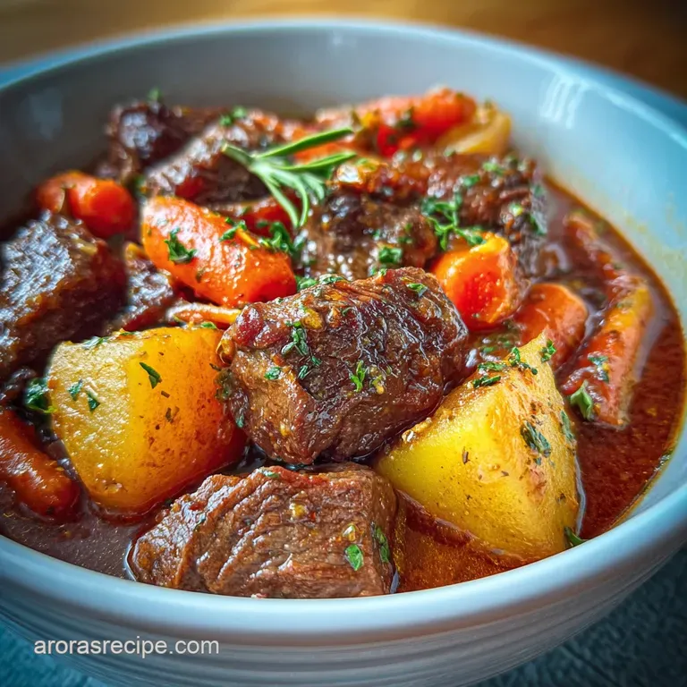 Steaming bowl of rustic beef stew, garnished with fresh parsley, highlighting the colorful carrots and potatoes within.